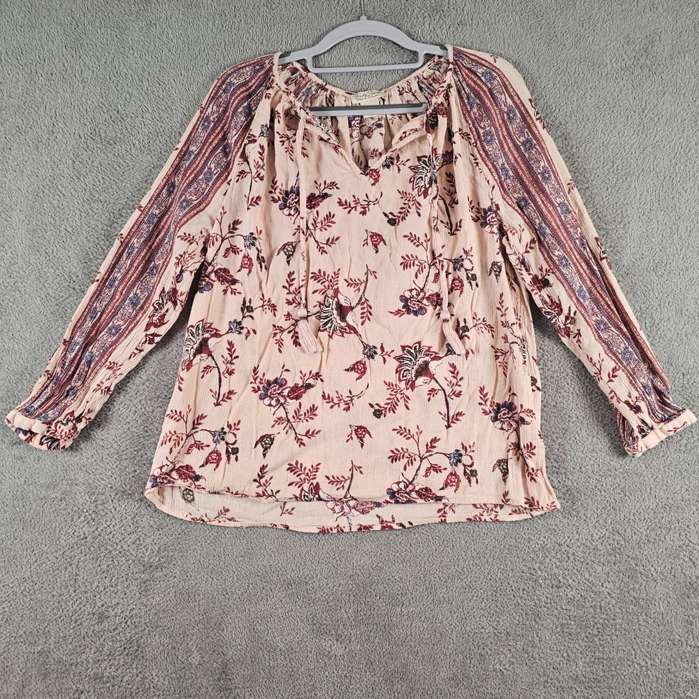 Lucky Brand Pink Floral Peasant Blouse Tassel Tie Long Sleeve Top Large